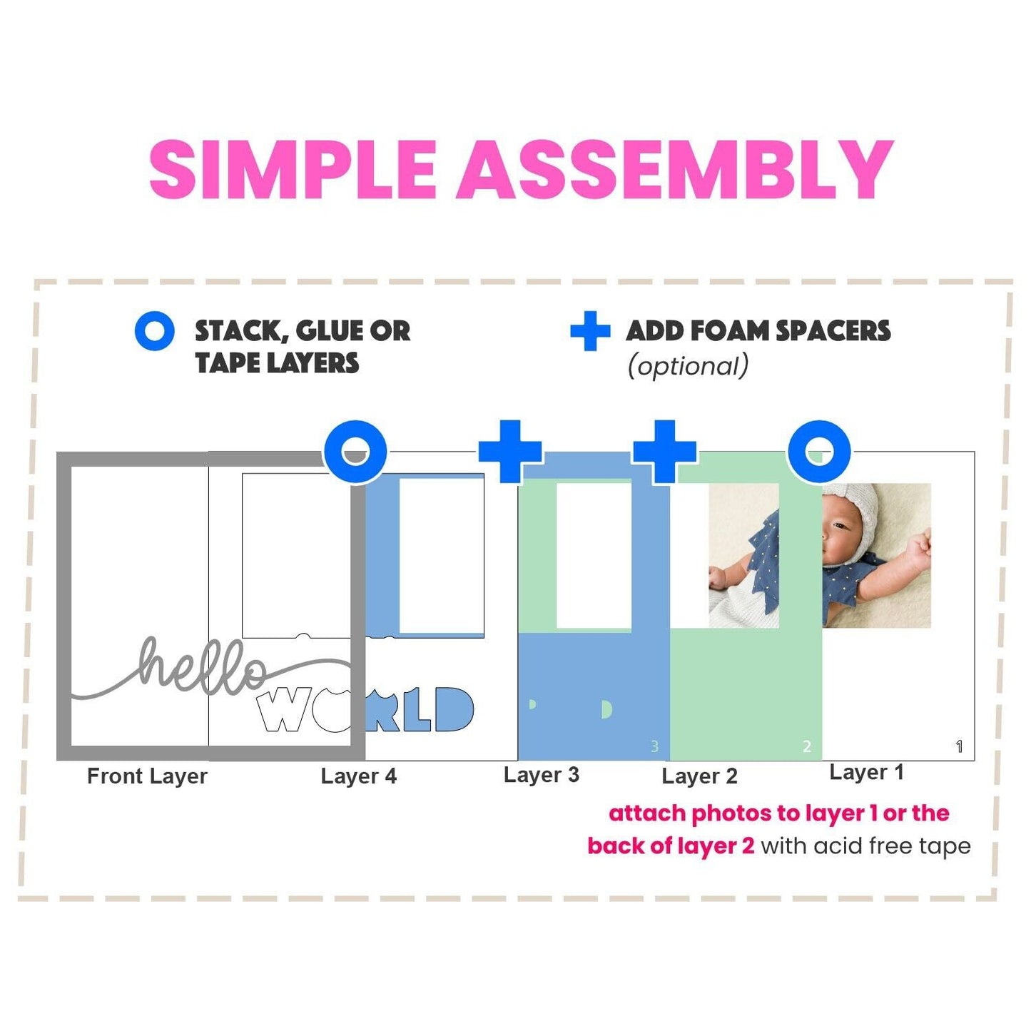 Hello World - 9 x 9 Inch photo Frame - 1, 2, 3 or 6 photos / Multi Colour